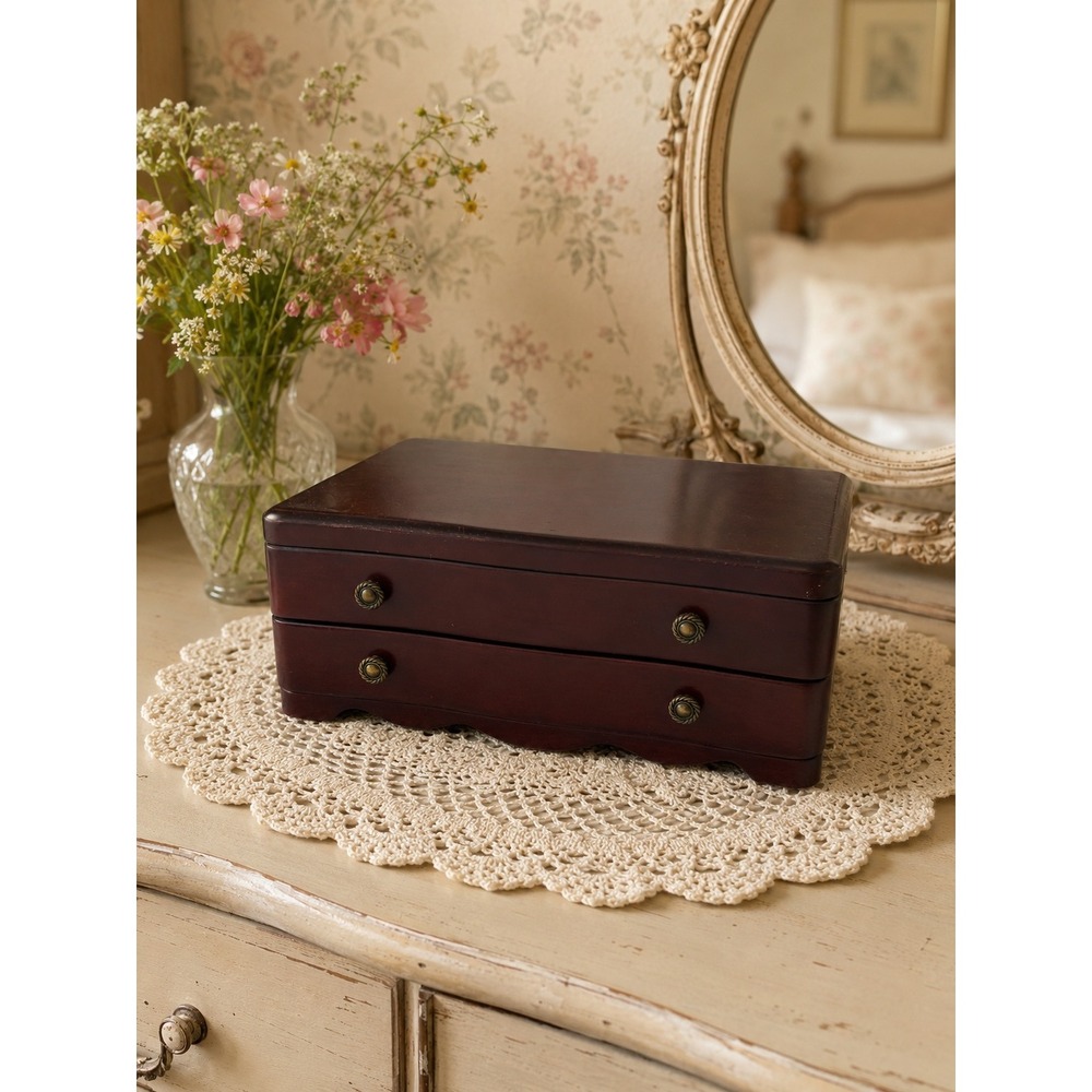 Vintage Wooden Jewelry Box Mahogany Finish 2 Drawer Brass Pulls Scalloped Base